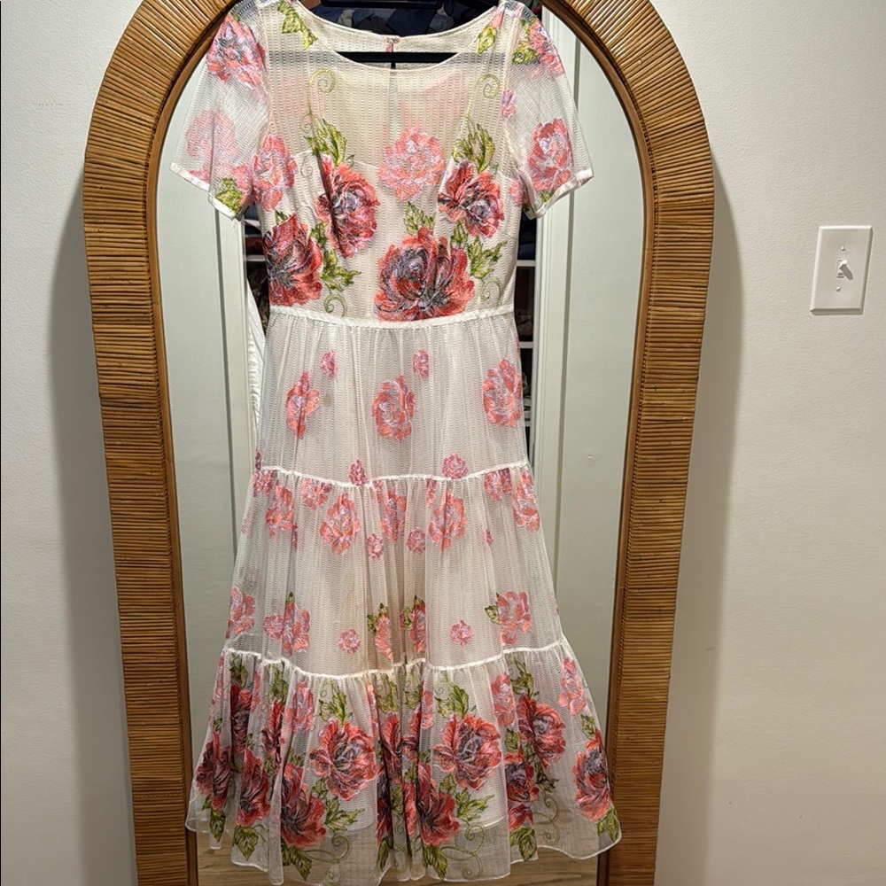 Pink Floral Ruffled Midi Sundress with Flutter Sleeves - size 6